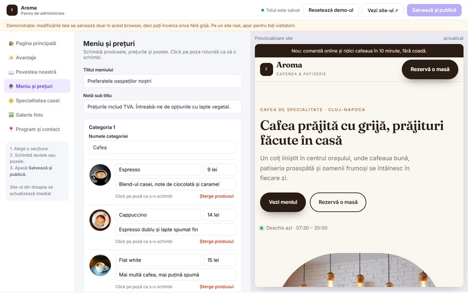 Panoul de administrare al site-ului Aroma